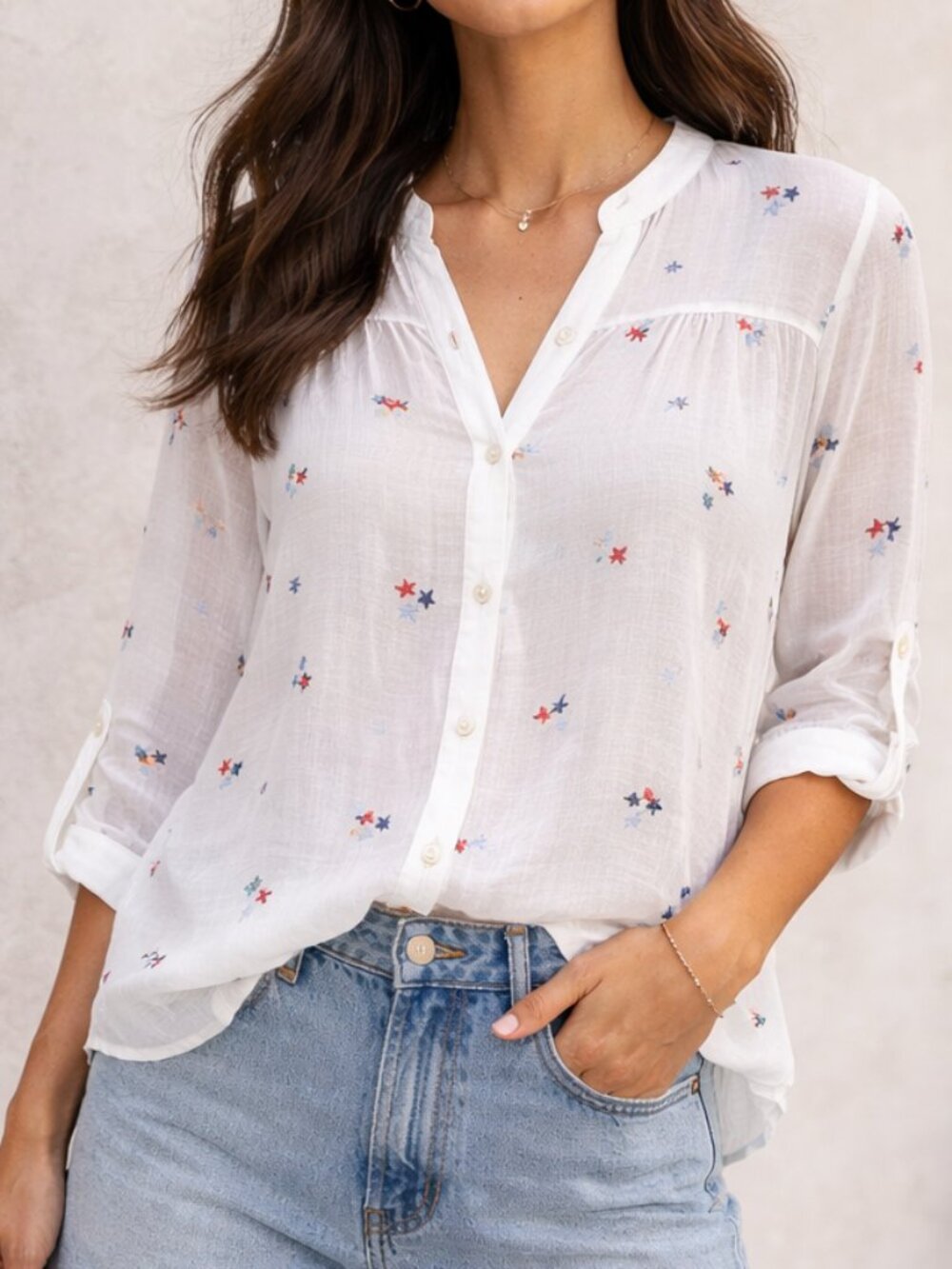 Fig + Flower White Patriotic Star Embroidered Button Up Blouse M Shirt NWT